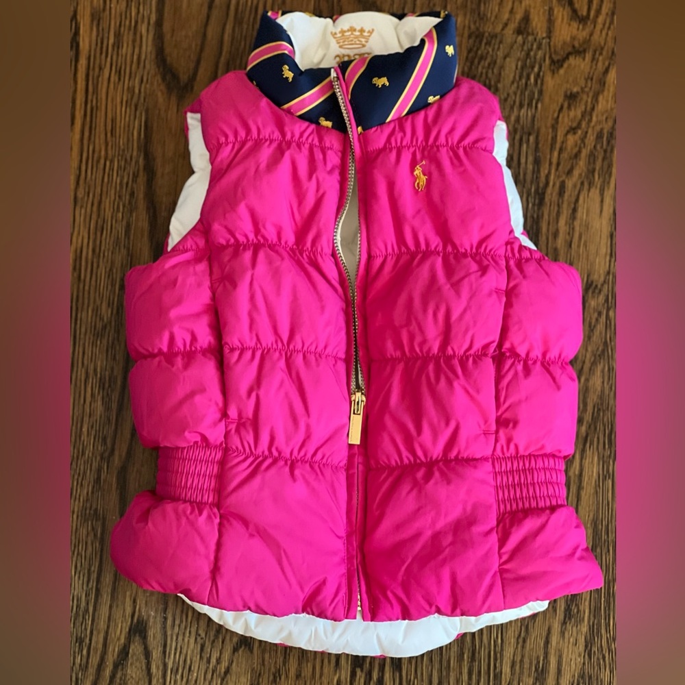 Polo by Ralph Lauren Girls Hot Pink Puffer Vest with Navy Trim